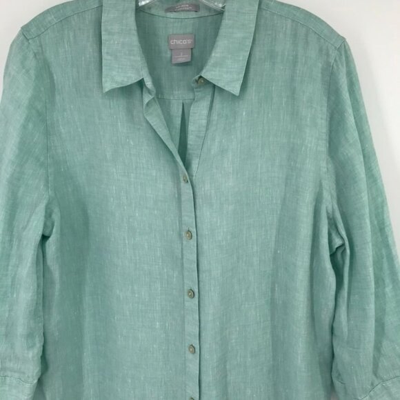 Chicos 2 Womens NoIron fresh chic Tunic Shirt Size large Linen Green 3 /4 Sleeve - Picture 6 of 13